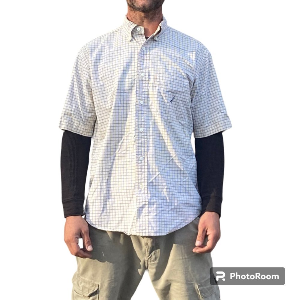 Nautica Men's short sleeve collared button down plaid shirt M yellow blue gray
